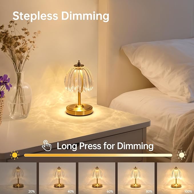 Shenmoyl Tulip Small Table Lamp, 5200mAh Cordless Touch Control Mini Table Lamp with 3 Color Temps & Stepless Dimming, Perfect for Small Spaces like Dressers, Bedsides, Bookshelves (Transparent Tulip)