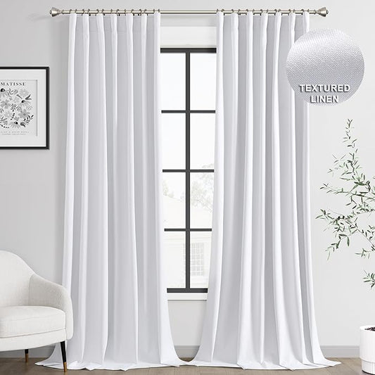 Joywell 100% Blackout Linen Curtains 102 Inch Long for Bedroom Window Black Out Curtain Room Darkening Drapes for Sliding Glass Door Hook Belt Rod Pocket Back Tab 2 Panels,52 x 102,White