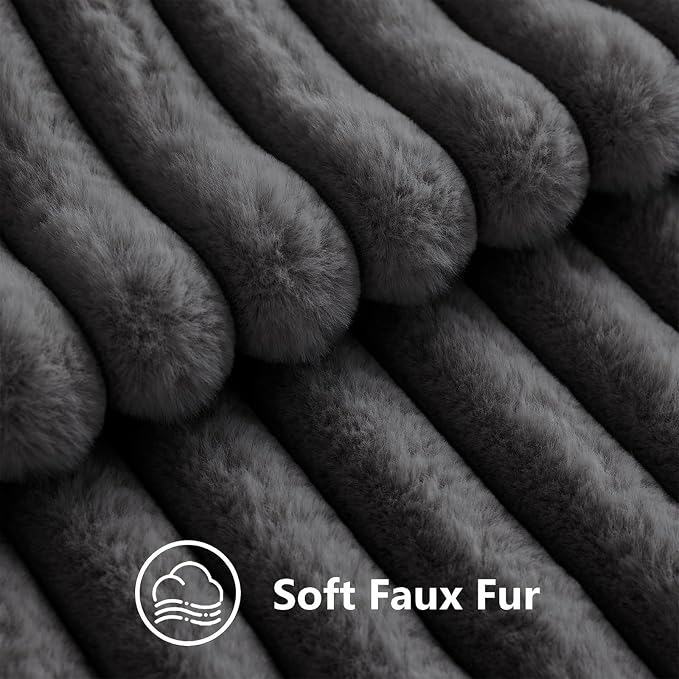 decorUhome Fall Cozy Faux Fur Throw Pillow Covers 22x22 Set of 2 Decorative Soft Plush Striped Modern Farmhouse Boho Couch Euro Sham Pillow Cases with Velvet Back for Sofa Bed Living Room, Dark Grey