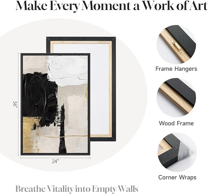 Framed Black and White Abstract Wall Art for Living Room, Set of 2 Gold Modern Minimalist Canvas Artwork for Walls, Large Black White and Gold Luxury Prints Wall Decor for Bedroom Hallway, 24x36 Inch