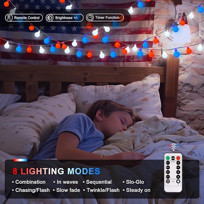 JMEXSUSS 33ft 100 LED Red White and Blue Lights Battery Operated | 4th of July Lights Outdoor Waterproof, String Light for Independence Day Memorial Patriotic Day Decor