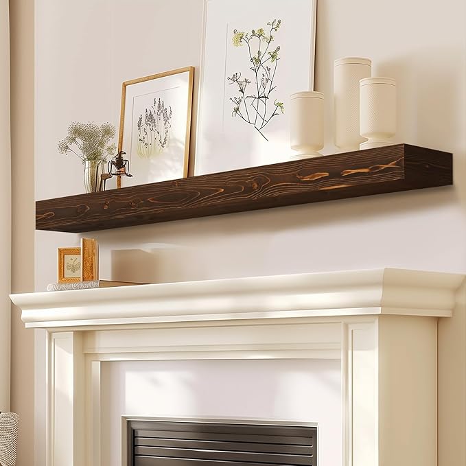 Fireplace Mantel Handmade, 3'' Thick Wall Decor Long Floating Shelf, 48inch Rustic Wood Shelf with Invisible Brackets, Brown