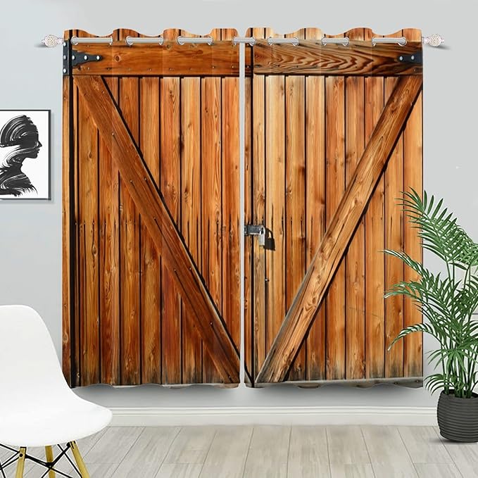 Russet Wooden Door Window Curtains Old Garage Door Curtains Rustic Barn Door Curtains Vintage Wood Planks American Rural Style Native Country Farmhouse Drape Treatments,42x96 inch,2 Panels