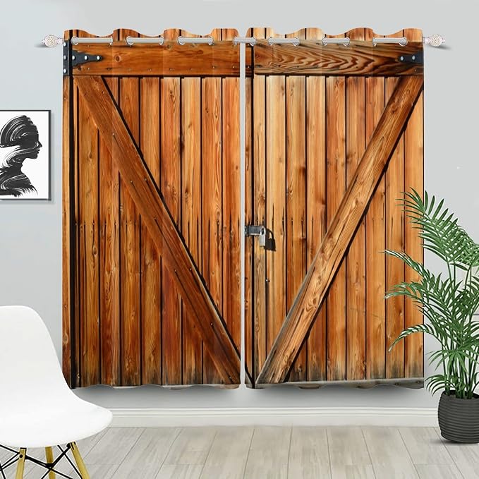 Russet Wooden Door Window Curtains Old Garage Door Curtains Rustic Barn Door Curtains Vintage Wood Planks American Rural Style Native Country Farmhouse Drape Treatments,21x45 inch,2 Panels