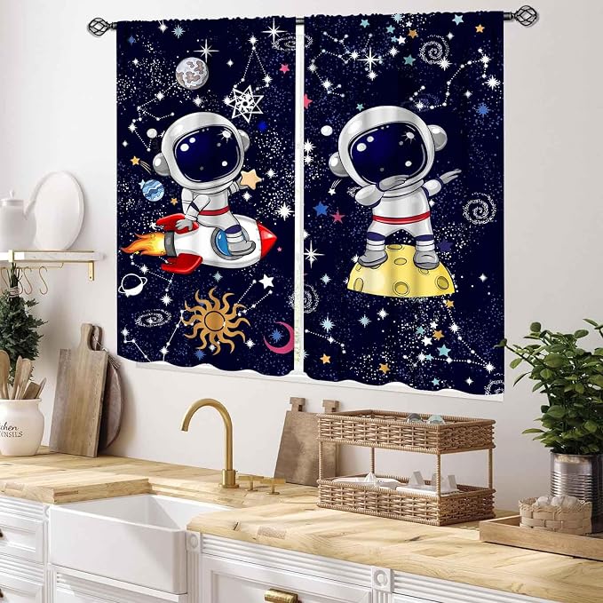 Galaxy Curtains, Cartoon Astronaut Universe Outer Space Star Planets Blackout Window Drapery Treatments for Kids Boys Bedroom Living Room Nursery Playroom 2 Panels, 55x39 Inch