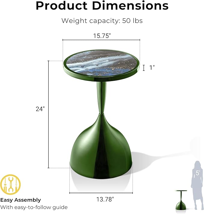 Homes: Inside + Out Halric Modern 24" Tall Round End Table with Decorated Tabletop and Iron Metal Base, Accent Furniture, Elegant Pedestal Stand for Living Room, Home Office, Chrome Green