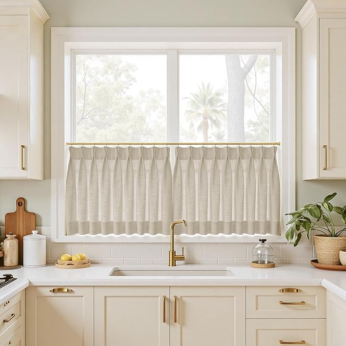 TWOPAGES 42" W x 36" L Linen Blend Cafe Curtains for Kitchen Window, Light Filtering Pinch Pleated Tier Curtains, Modern Farmhouse Half Window Curtains for Bathroom, Burlywood Birch, 2 Panels