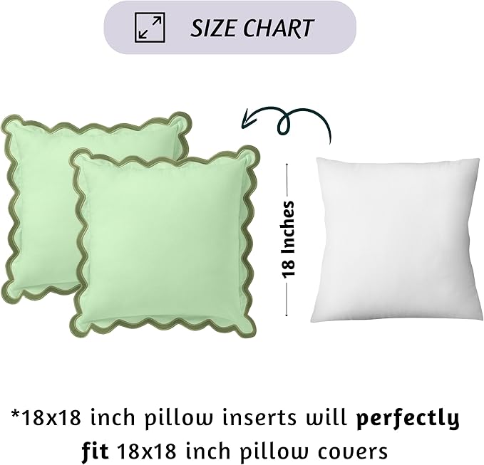 Folkulture Throw Pillow Covers 18x18 Set of 2 | Cotton, Boho, Cute Sage Green Pillow Covers for Couch | Aesthetic, Preppy Scalloped Decorative Pillows for Living Room Decor | Decorative Pillow Cover