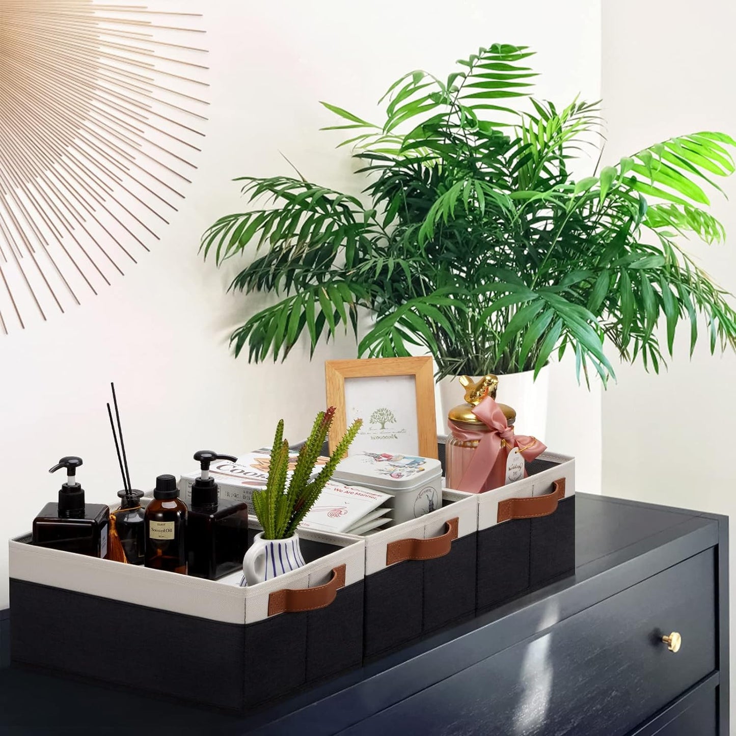 GhvyenntteS Storage Baskets for Shelves 12 Pack, Fabric Storage Bins with Leather Handles, Foldable Rectangular Storage Baskets for Organizing Home, Office (Black/White, 11.8" x 7.87" x 5.11")