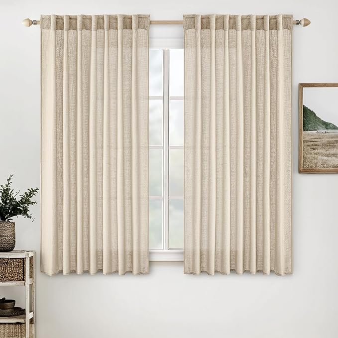 MIULEE Light Taupe Linen Curtains 45 Inch Length 2 Panels for Bedroom Living Room, Soft Linen Textured Window Drapes Semi Sheer Light Filtering Back Tab Rod Pocket Farmhouse Modern Burlap Look Decor