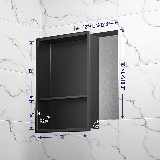 Stainless Steel Shower Niche 18" X 12" Matte Black No Tile Needed Niche for Shower Wall with Two-Tier Shelves Recessed Wall Niches for Bathroom Storage Over Mount Installation