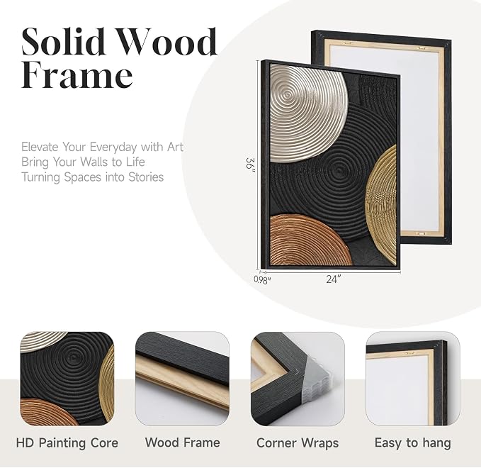 Large Framed Abstract Circles Wall Art Set of 2 for Living Room, Modern Minimalist Neutral Gold Black Beige Canvas Artwork for Walls, Luxury Painting Print Wall Decor for Bedroom Office, 24x36 Inch