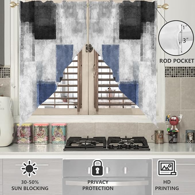 AAtter Black Blue Kitchen Valance Curtain for Window Abstract Gray Grey Mens Goth Geometric Small Short Swag Topper Bathroom Living Room Bedroom Rod Pocket Drapes Fabric 1 Pair, 28" W x 36" L, Modern