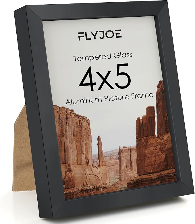 FLYJOE 4x5 Metal Picture Frame - Black Aluminum Picture Frames with Real Glass for Wall Hanging or Tabletop, Horizontally or Vertically, 4 x 5 Wall Gallery Poster Photo Frames for 4 by 5 Photo, Black