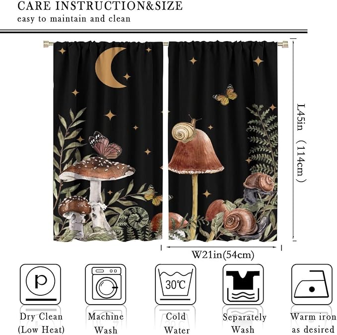 Retro Mushroom Curtains,Snail Butterfly Blackout Window Drapes,Boho Night Plants Leaves Moon Star Botanical for Living Room Kitchen Bedroom,Black Background 42x45 Inch