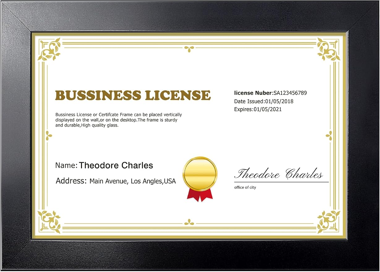 LaVie Home 5.5 x 8.5 Picture Frame Black, 8.5 x 5.5 Business License Frame, Certificate Frames Fit Diploma, Document and Tax Certificate Self Standing with Wall Hangers（1 Pack）