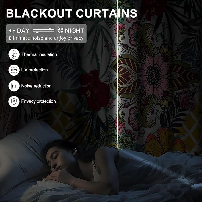 Black Out Curtains 84 Inch Long 2 Panels Set, Boho Pattern Blackout Curtains for Bedroom and Living Room, Bohemian Thermal Insulated Soundproof Grommet Room Darkening Drapes with Curtain Tiebacks