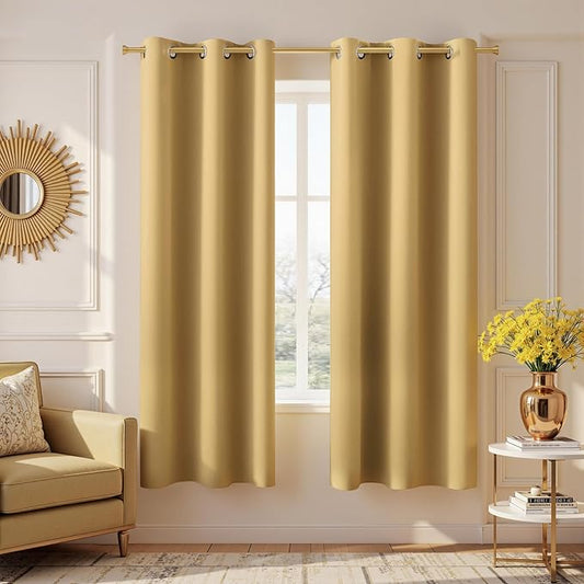 KOUFALL Sun Light Gold Curtains 42x72 Inches Long for Dining Room 2 Panels Blackout Room Darkening Curtain for Bedroom