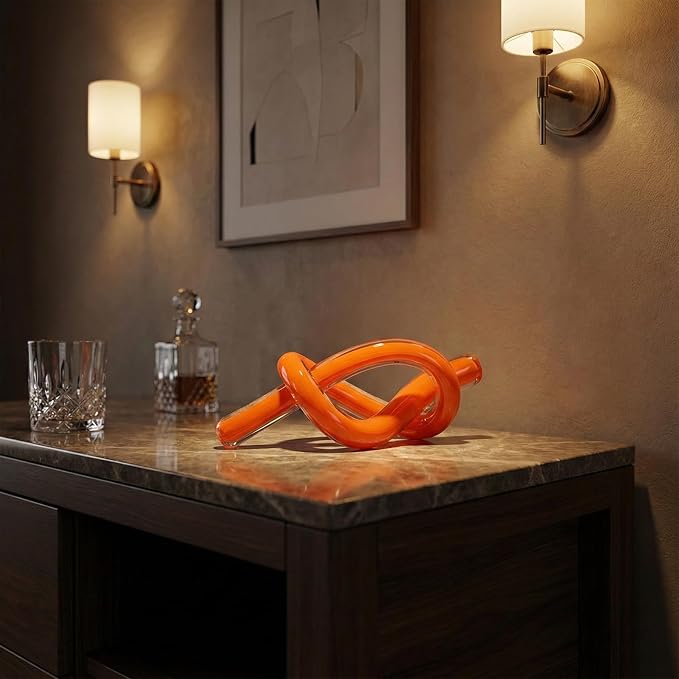 LCCCK Orange Abstract Glass Knot Sculpture, Hand Blown Glass Decor for Coffee Table TV Cabinet, Shelf or Mantel Accent, Modern Knot Art for Coastal Living Room Tabletop Knick Knacks