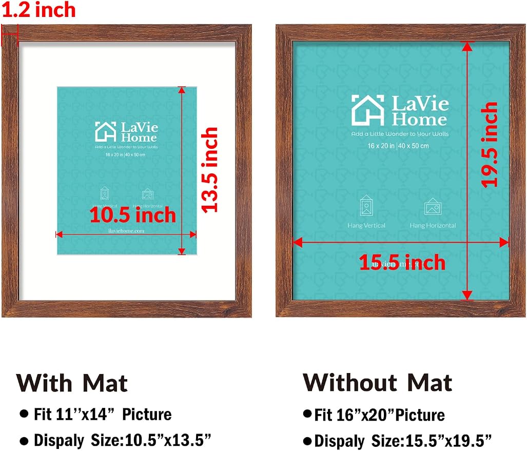 LaVie Home 16x20 Picture Frame Brown Poster Frame,Display Pictures 11x14 with Mat or 16x20 Without Mat, Stable and Sturdy Frame and Polished Plexiglass, Horizontal and Vertical Format of The Walls