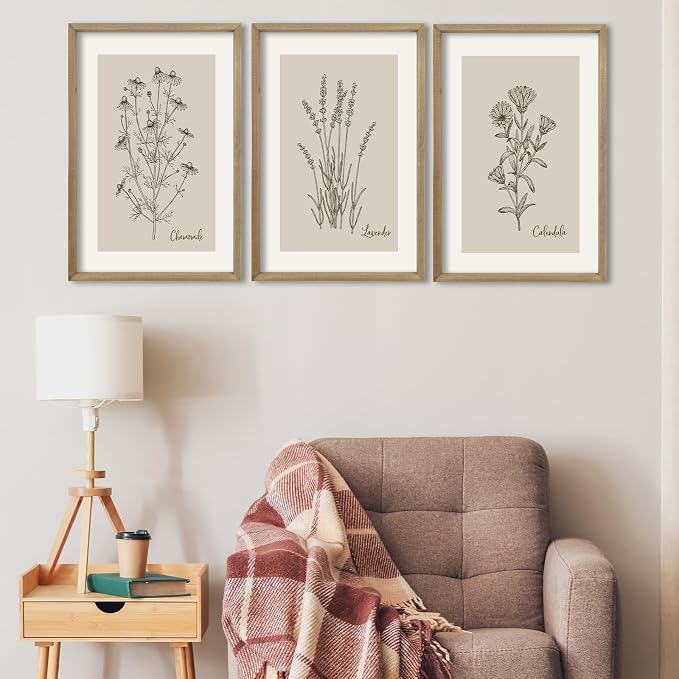 TQianJiang Vintage Botanical Wall Art 16"x11" Set Of 3 Wood Framed Wildflower Pictures Wall Decor for Bedroom Minimalist Wall Hanging (Wood)