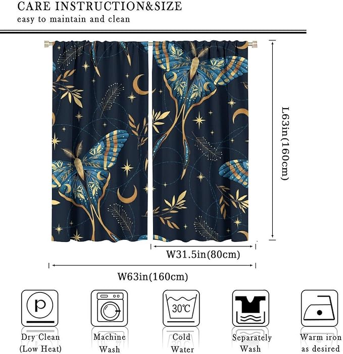 Witchy Curtains, Goth Curtains, Moth Decor, Star Curtains, Moth Curtains Darkening Curtains Botanical Curtains for Bedroom Living Room W63xL63 Inch