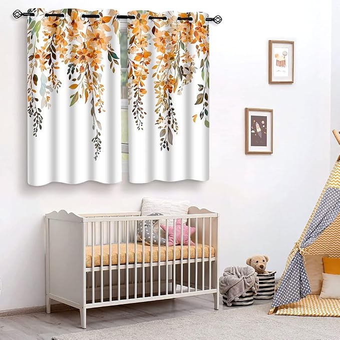 Orange Watercolor Floral Curtains, 52x63 inch, 2 Panels | Botanical Leaves Vine Flowers, Rustic Farmhouse Style, Blackout Window Treatment, For Bedroom Living Room