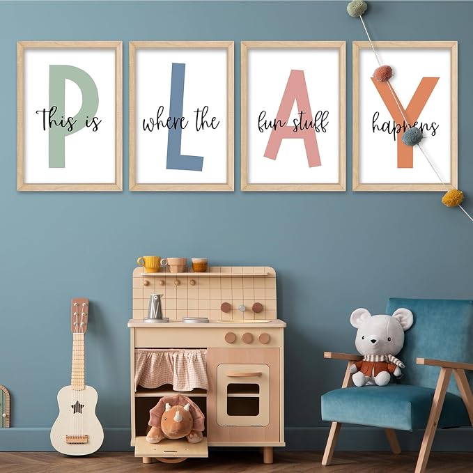This Is Where Fun Stuff Happens Kids Playroom Wall Decor PLAY Quote Art | Motivational Prints for Nursery, Natural Wood Frame, Set of 4, 16x24 Inches , Let's Play Sign for Toddler Boys, Ready to Hang