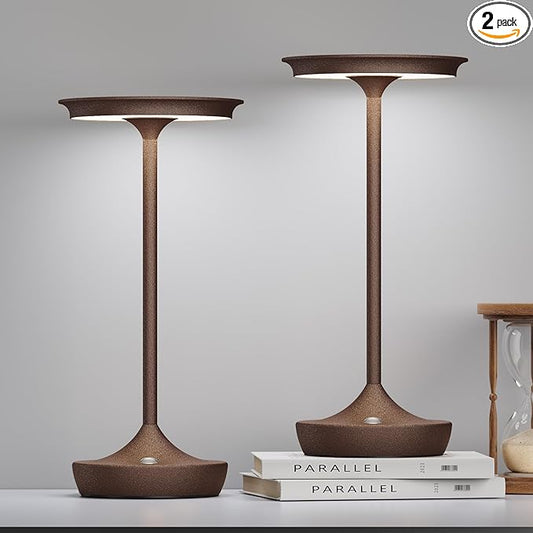 2 Pack LED Rechargeable Cordless Table Lamps, Portable Outdoor Battery Operated 3 Color Stepless Dimming Tables Light with Memory Function for Patio Restaurant Dining Room Rust
