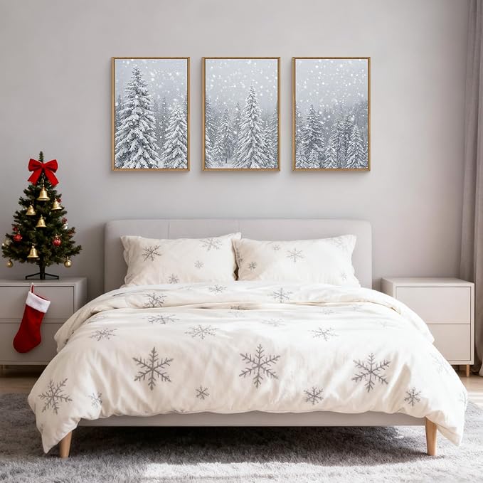 Snowy Christmas Tree Natural Woodland Framed Canvas Wall Art Set,Modern Rustic Winter Snow Covered Pine Forest Wall Decor,Wilderness Frosty Landscape Artwork for Xmas Room,Farmhouse- 16"x24"x3