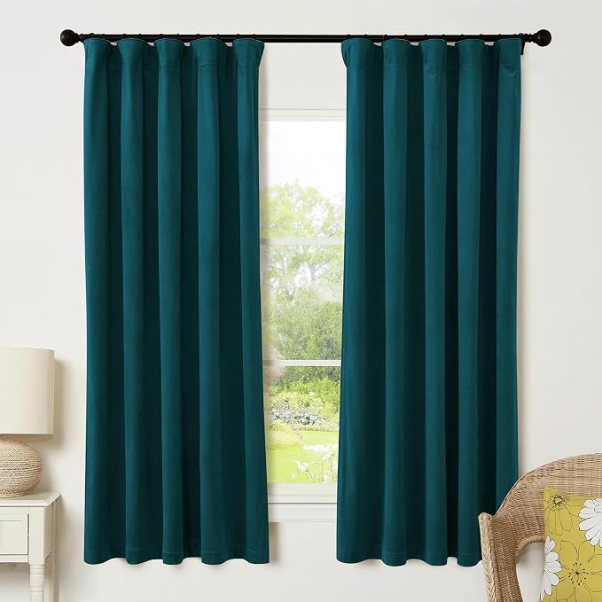 RYB HOME Teal Blue Velvet Curtains for Bedroom Living Room, Thermal Insulated Privacy UV Heat Blocking Luxurious Drapes for Nursery Dining Room, 52" W x 72" L, 2 Panels, Rod Pocket/Back Tab/Hook Belt