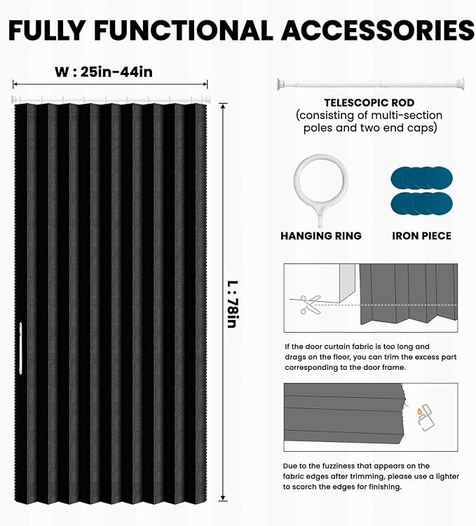 AJAZZ Blackout Accordion Door Invisible Accordion Doors Interior Magnetic Door Curtain for Bedroom Living Room Doorway Curtain Sets Included Rod (1 Pack, 43W x 78 L, Black)