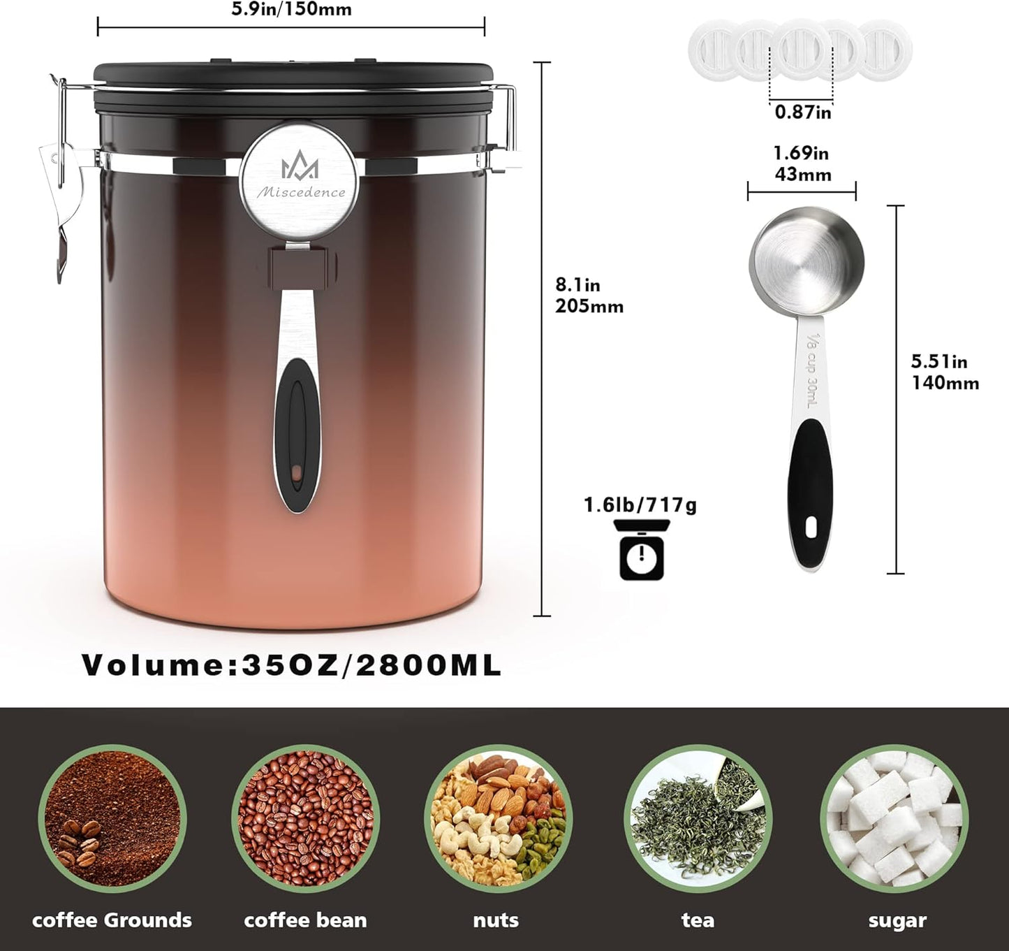 35OZ Coffee Canister for ground coffee with Date Tracker,copper color 304 Stainless Steel Kitchen Food Airtight storage container for Coffee Beans or Grounds, Tea, Sugar(35oz-Gradient)