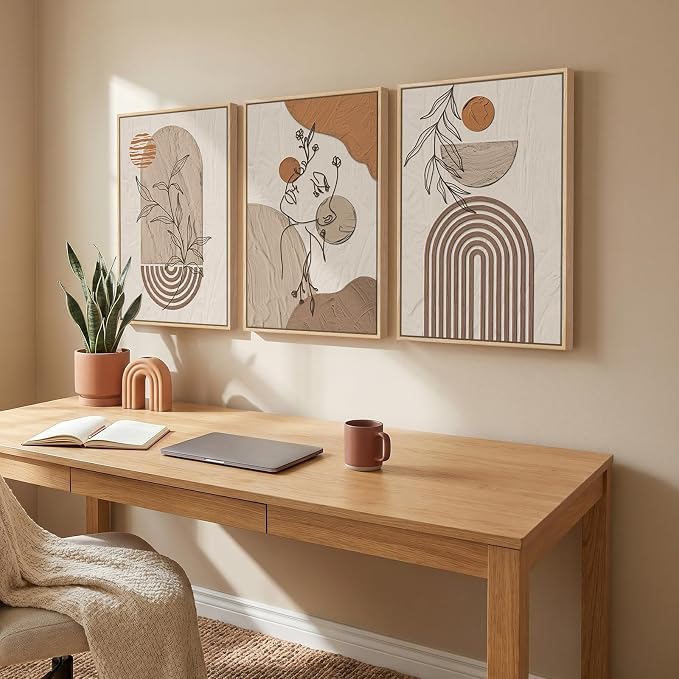 Framed Earth Tone Boho Abstract Wall Art Bedroom, 3 Piece Neutral Modern Bohemian Paintings Prints Canvas Artwork for Walls, Boho Triptych Pictures for Living Room Home Office Wall Decor, 16x24 Inch