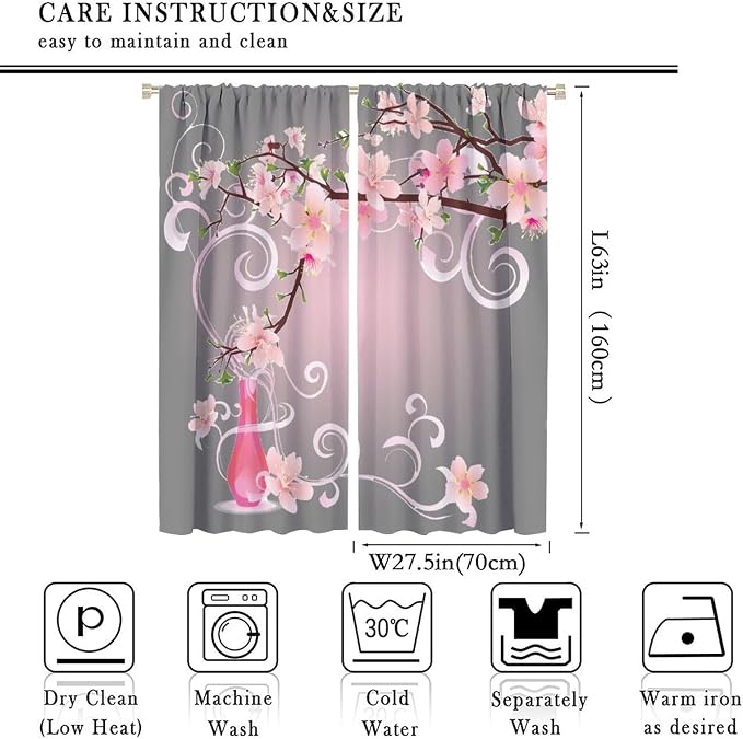 Cherry Blossom Curtains,Pink Flower Japanese Floral Print Window Treatments for Bedroom Living Room Kitchen Polyester Fabric Window Drapes 2 Panels Set,Total Size 55 x 63 Inch