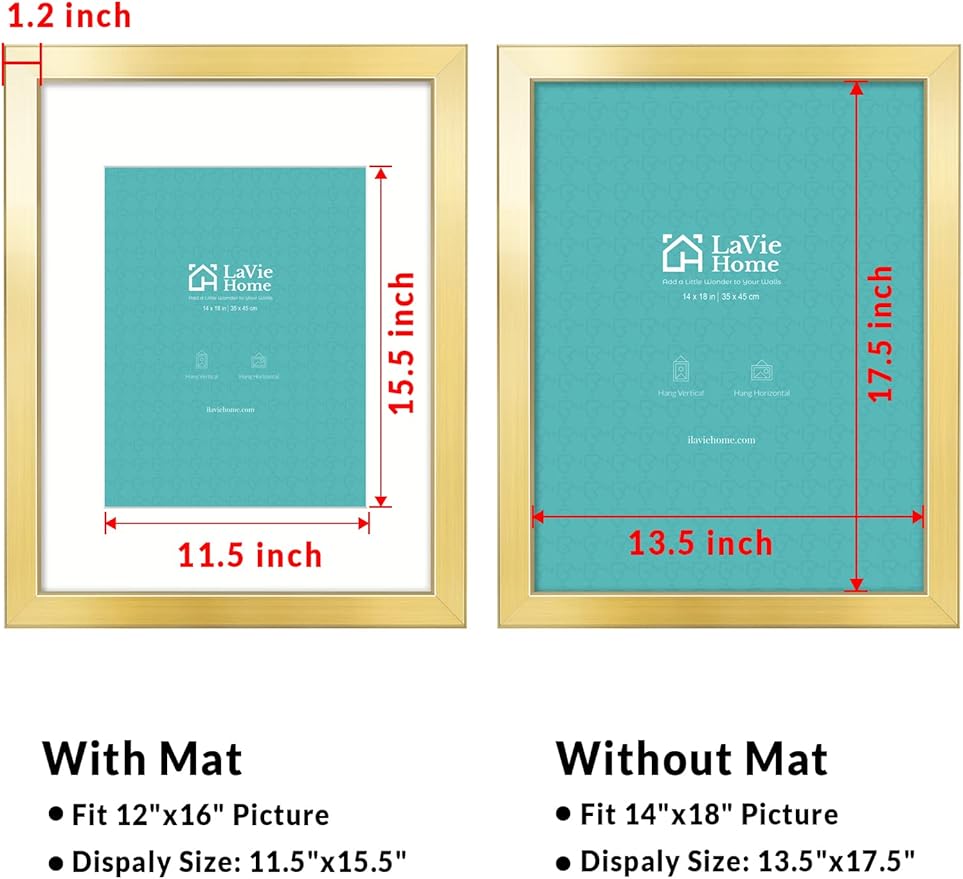LaVie Home 14x18 Picture Frame Gold Poster Frame,Display Pictures 12x16 with Mat or 14x18 Without Mat, Stable and Sturdy Frame and Polished Plexiglass, Horizontal and Vertical Format of The Walls