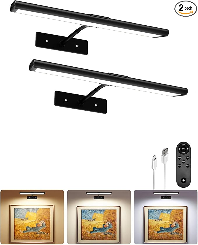EZVALO Picture Light for Wall, 13'' Black Rechargeable 4800mAh Battery Lights Wireless Remote, Dimmable Magnetic LED Art Painting Light with 3 Color Temperatures, Display for Gallery, Living Room(2P)