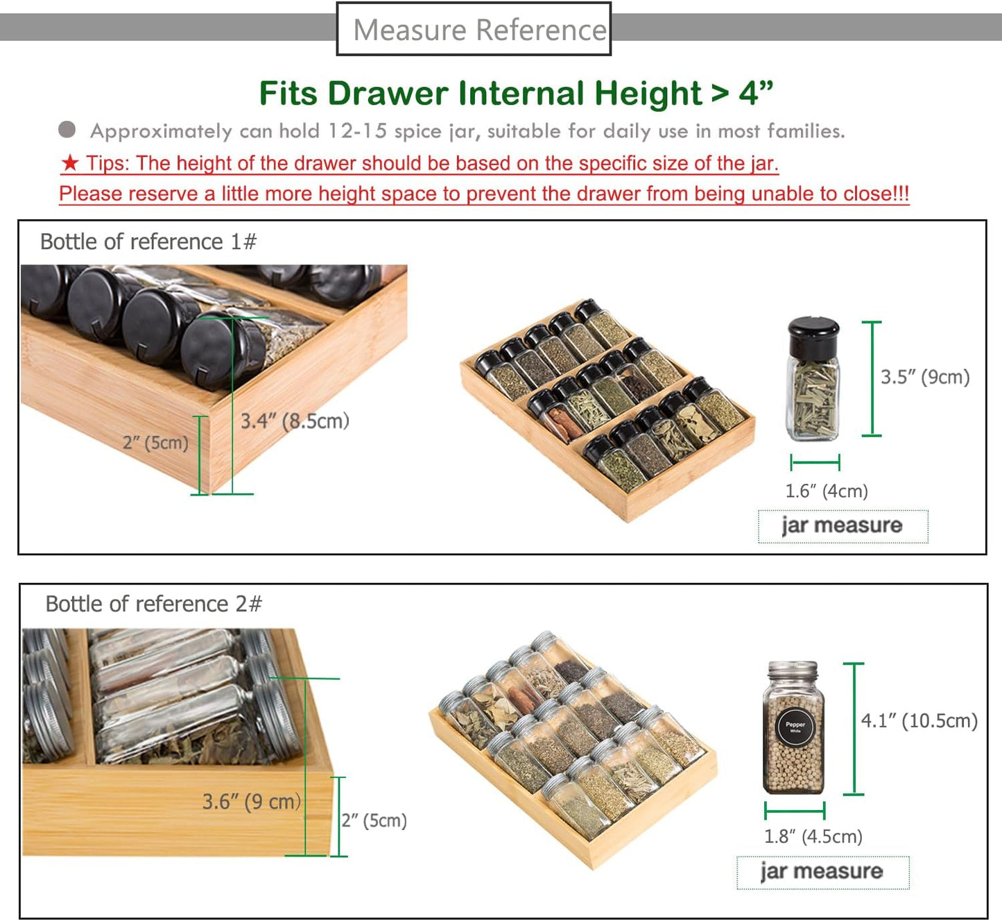 3-Tier Bamboo Drawer Spice Rack Wooden Kitchen Cabinet Spice Organizer Spice Jar Holder, Medicine/Health Care/Vitamin Bottles Storage Rack (Pre-Measure Drawer Dimensions), 1 Pack Drawer Rack