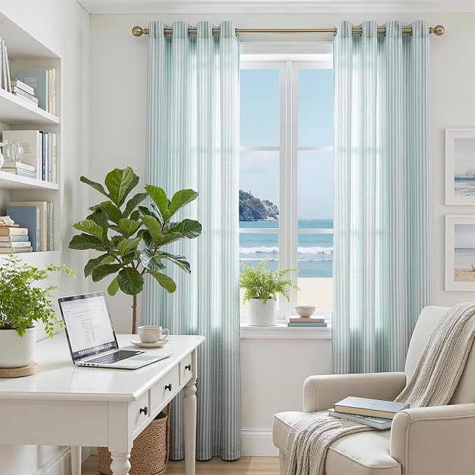 jinchan Linen Curtains 84 inch Aqua Blue Stripe on White Grommet 2 Panels | Curtains for Living Room Bedroom,Ticking Vertical Stripe ,Modern Beachy Coastal Drapes,Window Treatment,Light Filtering