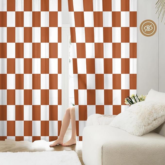 Orange Checkered Curtains for Bedroom,Rod Pocket Burnt Orange Semi Sheer Curtains Farmhouse Retro Checkerboard Light Filtering Drapes for Living Room,Set of 2 Window Curtain Panels,52 x 84 Inch