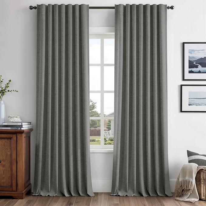MIULEE 100% Blackout Linen Curtains for Bedroom, Dark Grey Solid Luxury Decor Thermal Insulation Room Darkening Drapes for Living Room Back Tab Rod Pocket 42 x 96 Inches, 2 Panels