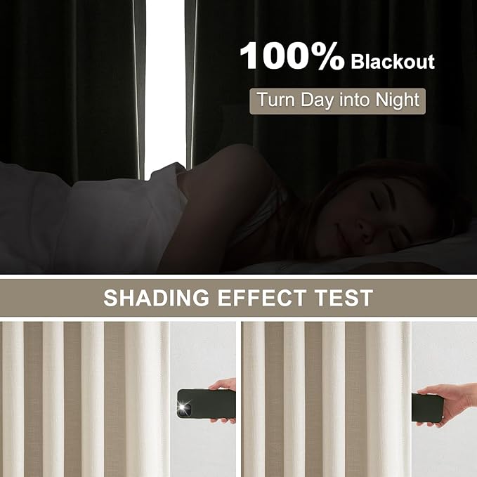 Pinch Pleated Full Blackout Linen Curtains 120 Inch for Bedroom Living Room,Fall Burlywood Double Layer Linen Blended Room Darkening Back Tab Pinch Pleat Drape with Hooks Rings 2 Panel 40"Wx84"L