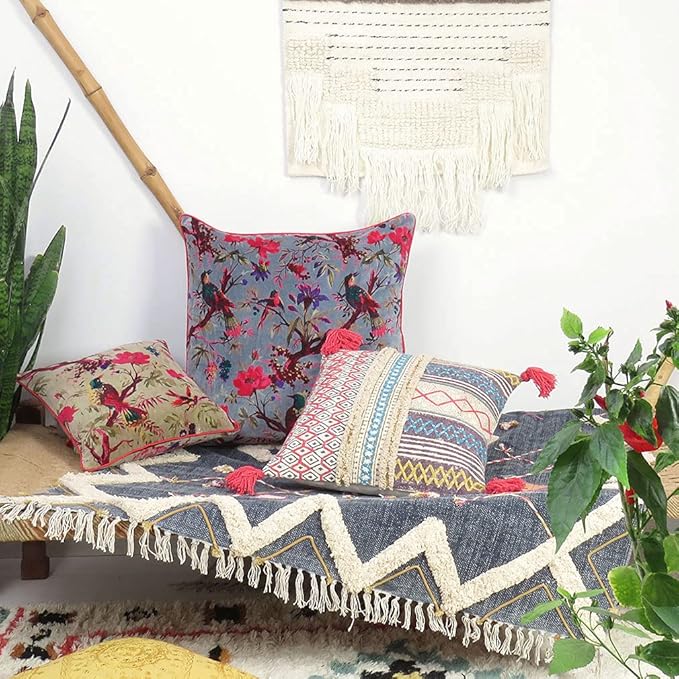 Boho Velvet Bird Print Throw Pillow Cover, Colorful Decorative Floral Cushion Case for Sofa Couch, Bohemian Chic Accent for Bedroom Living Room, 24x24 inch (60x60 cm), Grey Gray