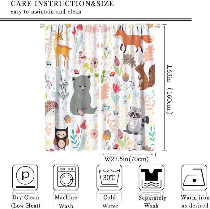 Rustic Animal Curtains, Wild Forest Animal Bear Fox Deer Kids Window Treatments for Living Room Bedroom, Farmhouse Woodland Blackout Drapes 2 Panel Sets, 55x63 Inch