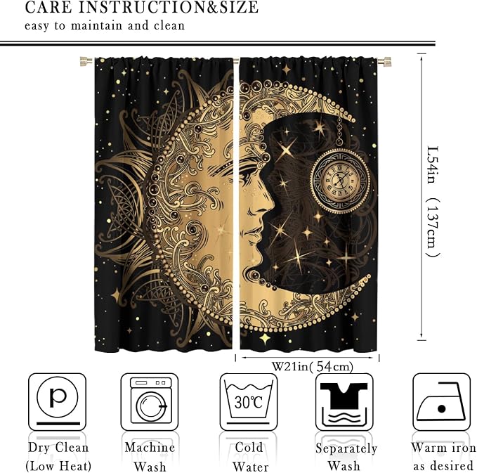 Sun Moon Blackout Windows Curtains, Retro Bohemian Antique Hippie Gold Sun Crescent and Star Curtains, for Living Room Bedroom 42x54in 2 Panels