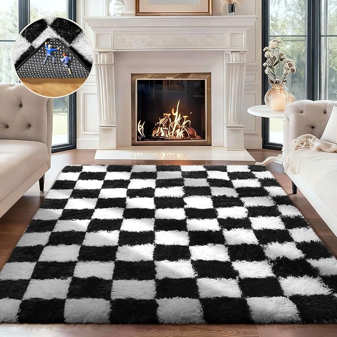 Ophanie Checkered Black & White Rug for Living Room Bedroom,Fluffy Soft Cute Fuzzy Area Rugs,Shag Plush Shaggy Bedside Floor 4x6 Furry Carpet Kids Baby Teen Dorm Decor with Over 99 pcs Pile fibers