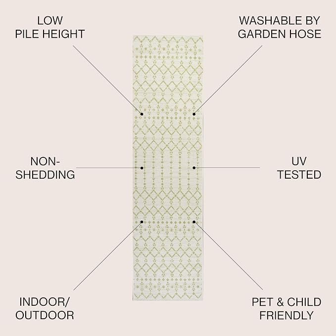 JONATHAN Y Moroccan Geometric Indoor Outdoor Runner Rug 2X10 Cream/Green, Ourika Textured Weave for Backyard, Patio, Porch, Easy-Cleaning, High Traffic, Pet-Friendly, Non-Shedding (SMB108M-210)