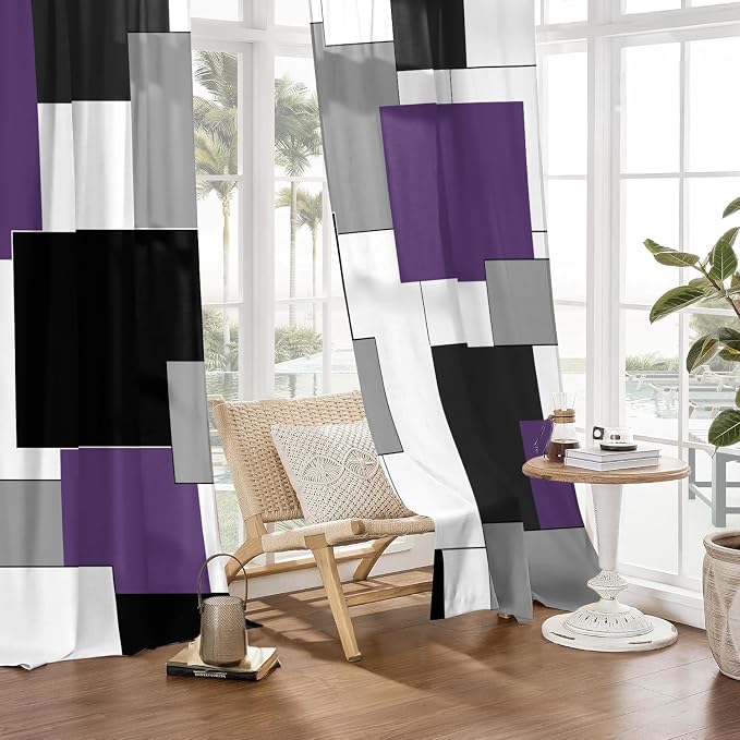 Purple and Black Curtains for Living Room 84 Length Curtains Geometry Modern White Purple Abstract Rod Pocket Curtain for Bedroom Kitchen Room Window Drapes 2 Panels