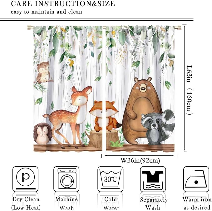 Forest Animal Curtains, Watercolor Wild Animal Bear Fox Deer Kids Window Treatments for Living Room Bedroom,Green Woodland Tree Kids Drapes 2 Panel Sets,72x63 Inch