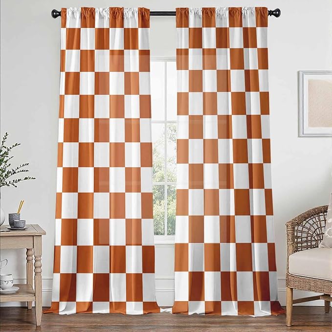 Orange Checkered Curtains for Bedroom,Rod Pocket Burnt Orange Semi Sheer Curtains Farmhouse Retro Checkerboard Light Filtering Drapes for Living Room,Set of 2 Window Curtain Panels,52 x 84 Inch